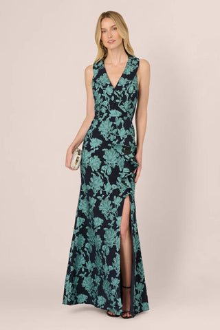 Floral Jacquard Shawl Collar Gown - Dresses Boutique B.V.