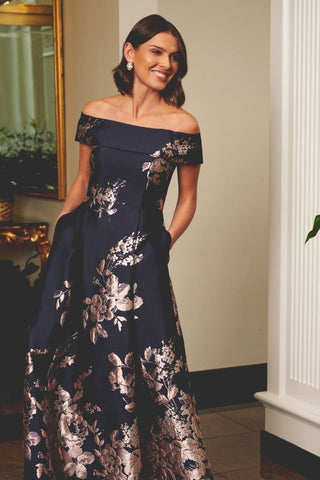 Off Shoulder Metallic Floral Jacquard Gown - Dresses Boutique B.V.