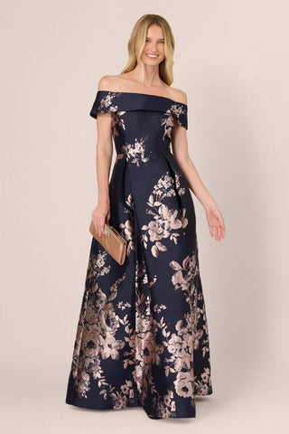 Off Shoulder Metallic Floral Jacquard Gown - Dresses Boutique B.V.