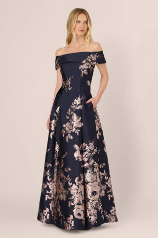 Off Shoulder Metallic Floral Jacquard Gown - Dresses Boutique B.V.
