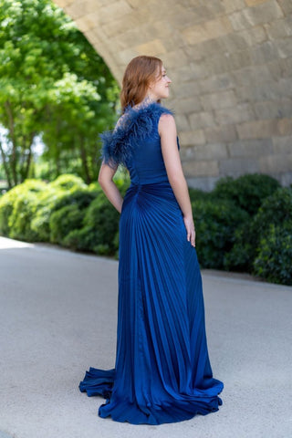 Satin evening dress with feather applique - Dresses Boutique B.V.