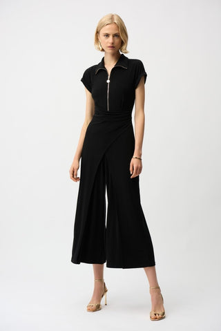 Silky Knit Culotte Jumpsuit With Gold Zipper Black - Dresses Boutique B.V.