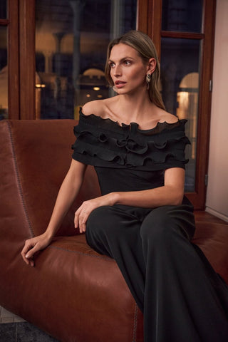 Silky Knit Off - Shoulder Top With Ruffles - Dresses Boutique B.V.