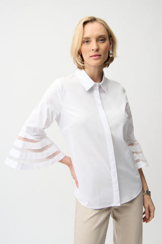 Stretch Poplin Straight Blouse with Organza Bell Sleeves - Dresses Boutique B.V.